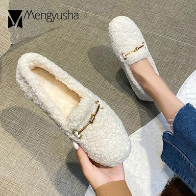 Fashion Net Celebrity Curly Fur Shoes Women Metal Striped Slip On Flats Wool Fur Warm Winter Loafers Creppers Round Toe Solid Moccasins