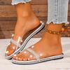 Rhinestone Plus Size Flats Women's Summer New Round Toe Pearl Sheer Belt Soft Sole Lightweight Flip Flops