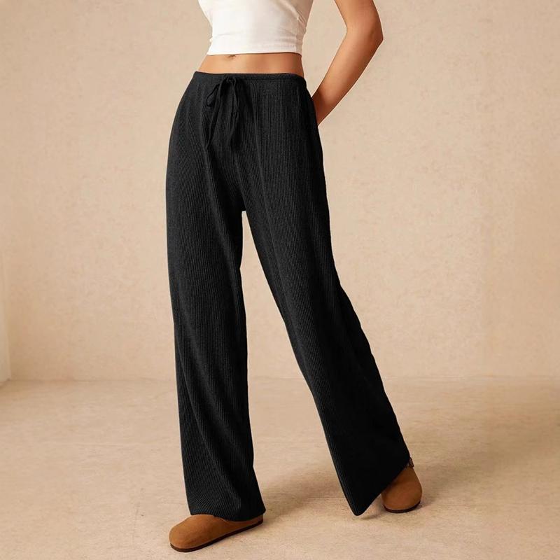 Women Comfortable Casual Drapery Bandage High-Waisted Solid Color Loose Fit Wide Leg Pants