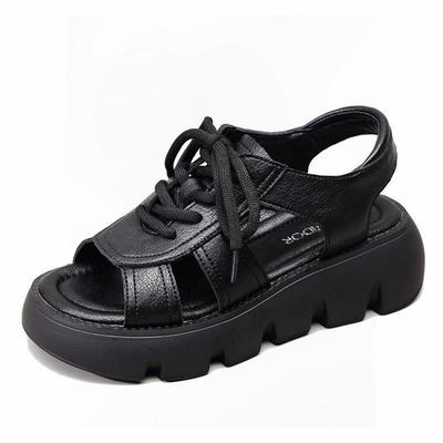 Sandalen met dikke zool en platform voor dames zomer 2024 nieuwe mode casual veterschoenen met blokhak dame holle Romeinse strandsandalen