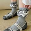 Retro Lace Socks - Children's Mid-length Socks, Gray Checkered Style, Pile Socks, Pure Cotton Socks