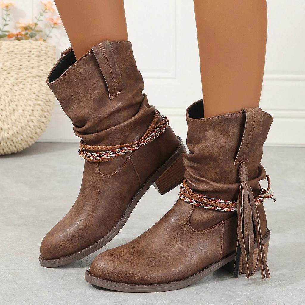 Retro Women Chunky Mid Calf Boots 2026 Trend Women Shoes New Winter Leather Pleather Fringe Fashion Goth Gladiator Boots Mujer