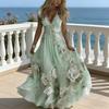 Summer Floral Maxi Dress for Women Short Sleeve V Neck A-line Swing Dress Floral Printed Beach Vacation Sundress