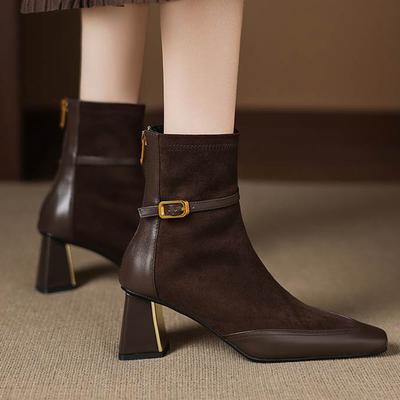 Flock Skóra Krowia Kwadratowy Nosek Grube Obcasy Botki Chelsea Rozmiar 42 Piękna Dama Kobiety Nowoczesna Moda Dziewczyna Botki
