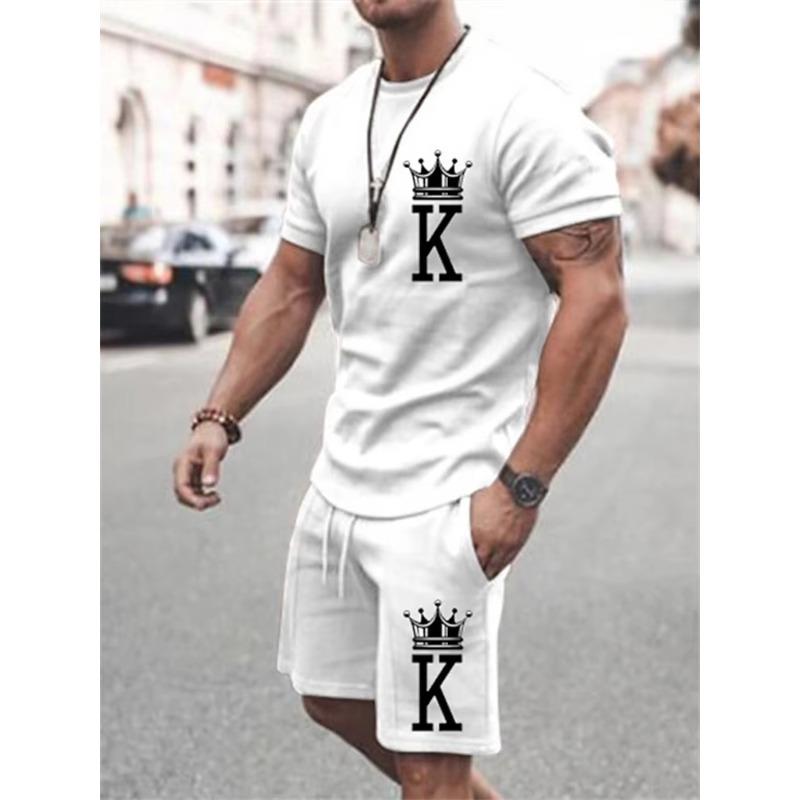 Abito casual da uomo estivo, due pezzi oversize, semplice, casual, streetwear, stampa king, abito da spiaggia, maglietta da uomo, pantaloncini, abbigliamento sportivo