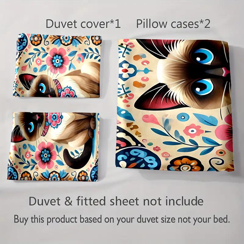 Katzen-Blumendesign. Bettwäsche Bettbezug-Sets Bettbezüge Kissenbezüge Geschenke (1 * Bettbezug 2 * Kissenbezüge, ohne Bettdecke)