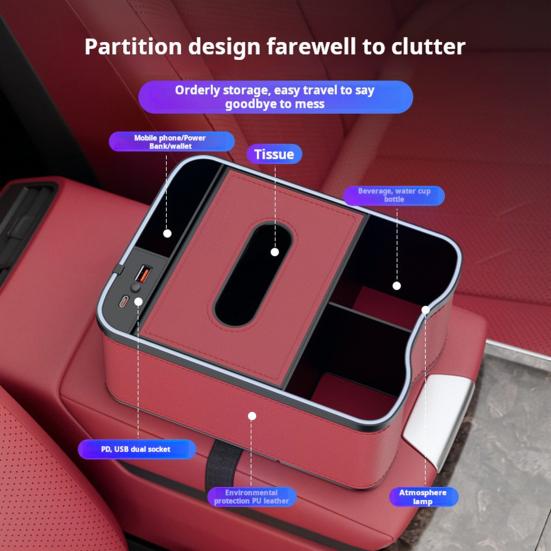 Scatola portaoggetti per bracciolo auto con porte di ricarica, luci LED multi-modalità, design ad alta capacità, organizer per console auto, custodia porta fazzoletti