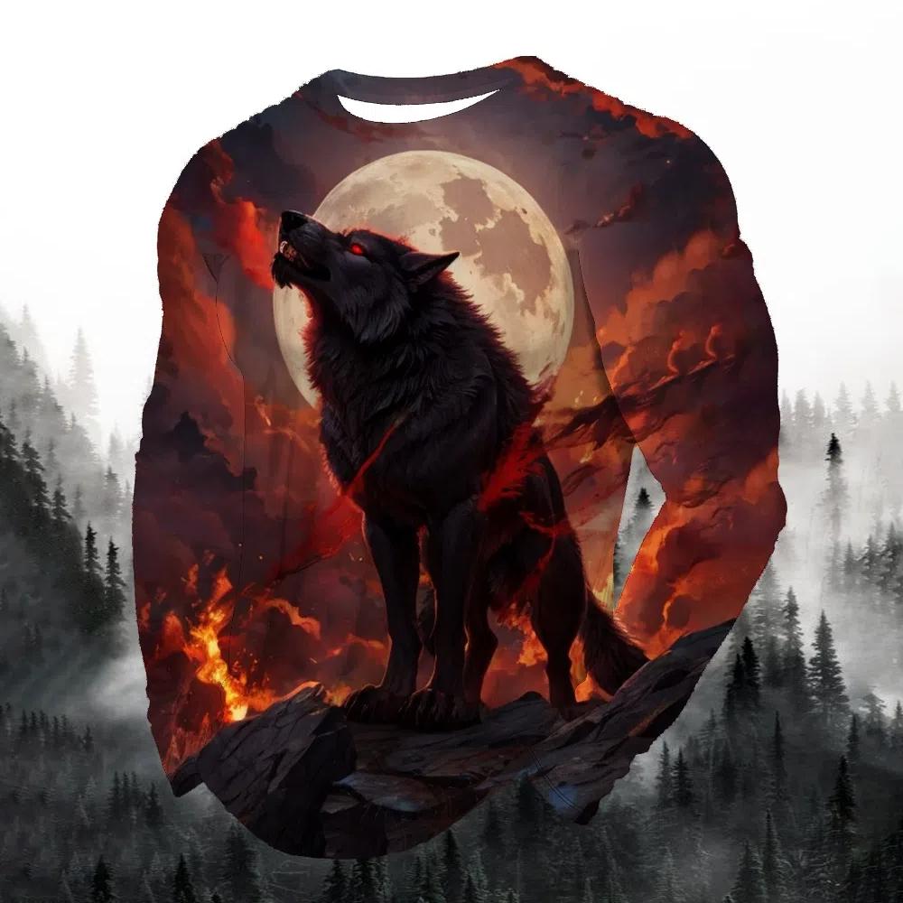2024 men's fashion print round neck long sleeve party autumn sports casual pullover men 3d lonely wolf blue print tops