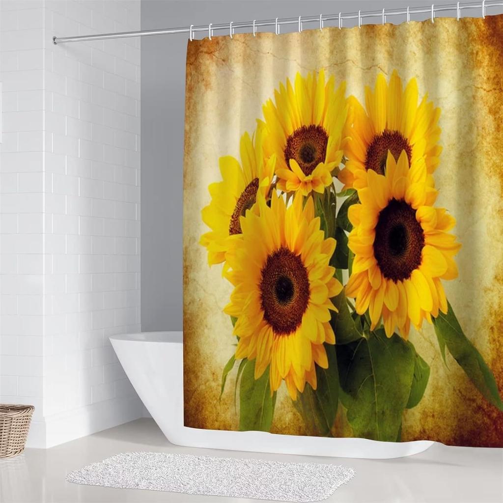 Five Sunflowers Bathroom 4 Piece Set Shower Curtain Bath Mat Curtain Toilet Lid Mat Toilet Pedal