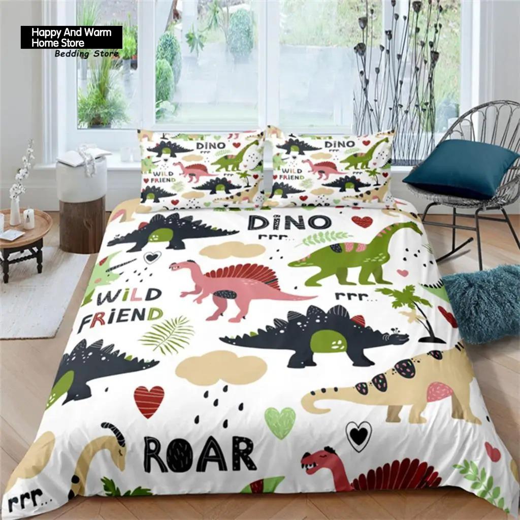Cartoon Dinosaur Toddler Bedding Set Cartoon Animals Duvet Cover Microfiber Quilt Cover With Pillowcases For Boys Girl Teen