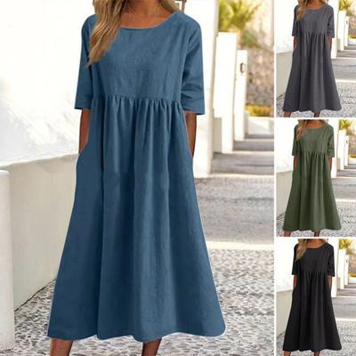 Midi φόρεμα Crew Neck Relax Fit Anti-shrink Δημοφιλές καλοκαιρινό καθημερινό φόρεμα με χαλαρό στρίφωμα