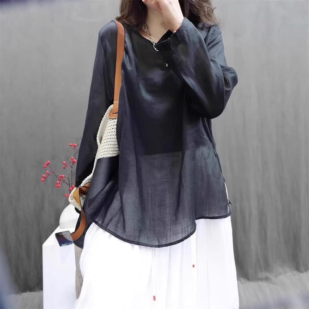 Women's Retro Cotton Linen Long Sleeve Mid-Length Chinese Style Lightweight Pullover Dress