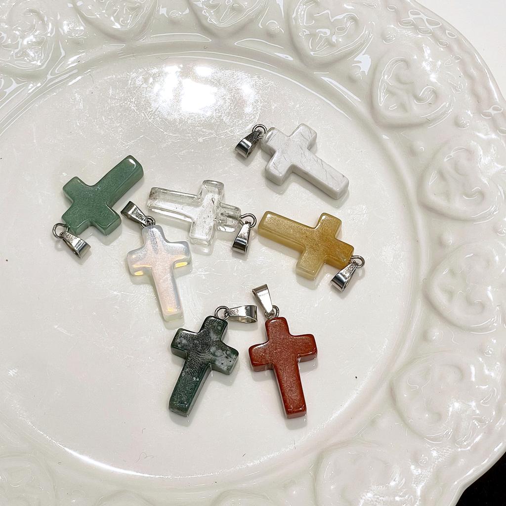 1Pc Natural Gemstone Cross Shape Pendant Charms 13×23mm With Metal Bail, For DIY Handmade Accessories