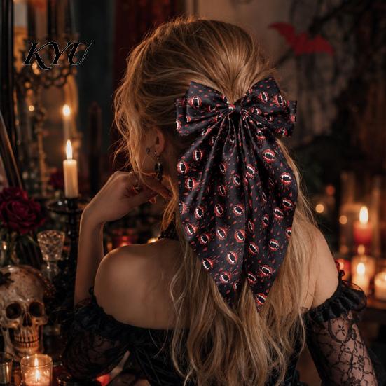 Trendy Satin Hair Bows Large Halloween for Women Girls, Vintage Ribbon Barrette Clips with Long Non-slip Spring Tails, Ghost/Pumpkin/Blood Mouth Print