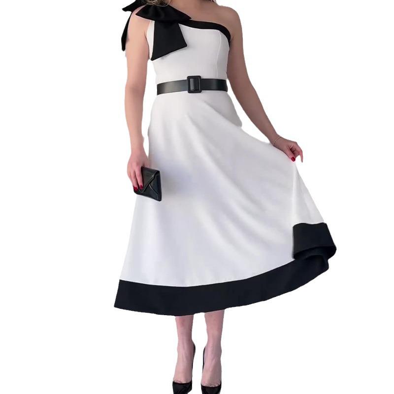 2024 Sommer Mode Color Block Langes Kleid mit 3D Schleife und Asymmetrischem Kragen für Damen