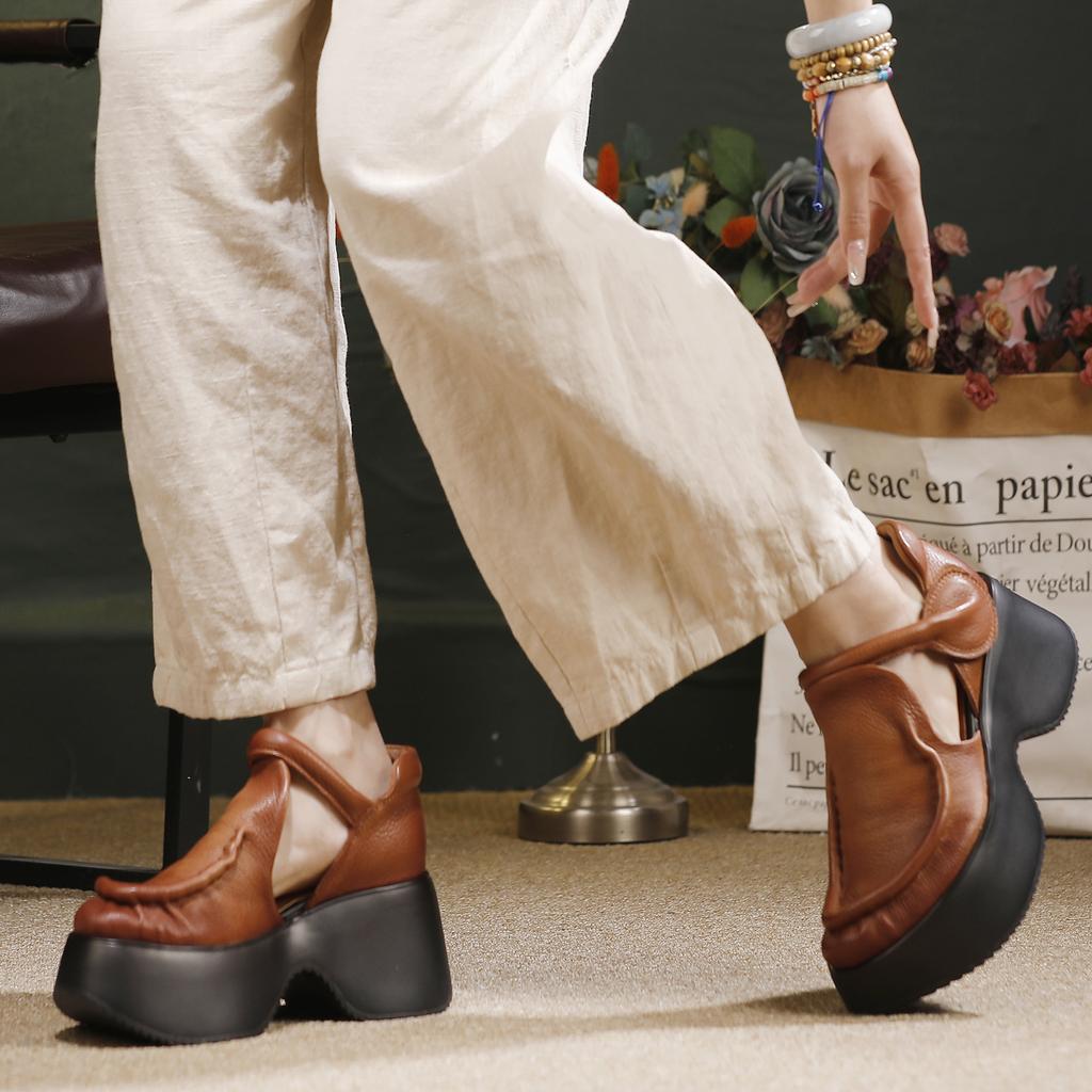 Johnature Retro Genuine Leather Thick Soled Shoes Round Toe Thick High-heeled Comfortable Platform Sandals
