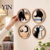 Rounded Corner Wood Art 4 Pcs Minimalist Black Cat Wall Art, Geometric Round Circle Wooden Non-toxic Coating Decor, Abstract Hanging Sign for