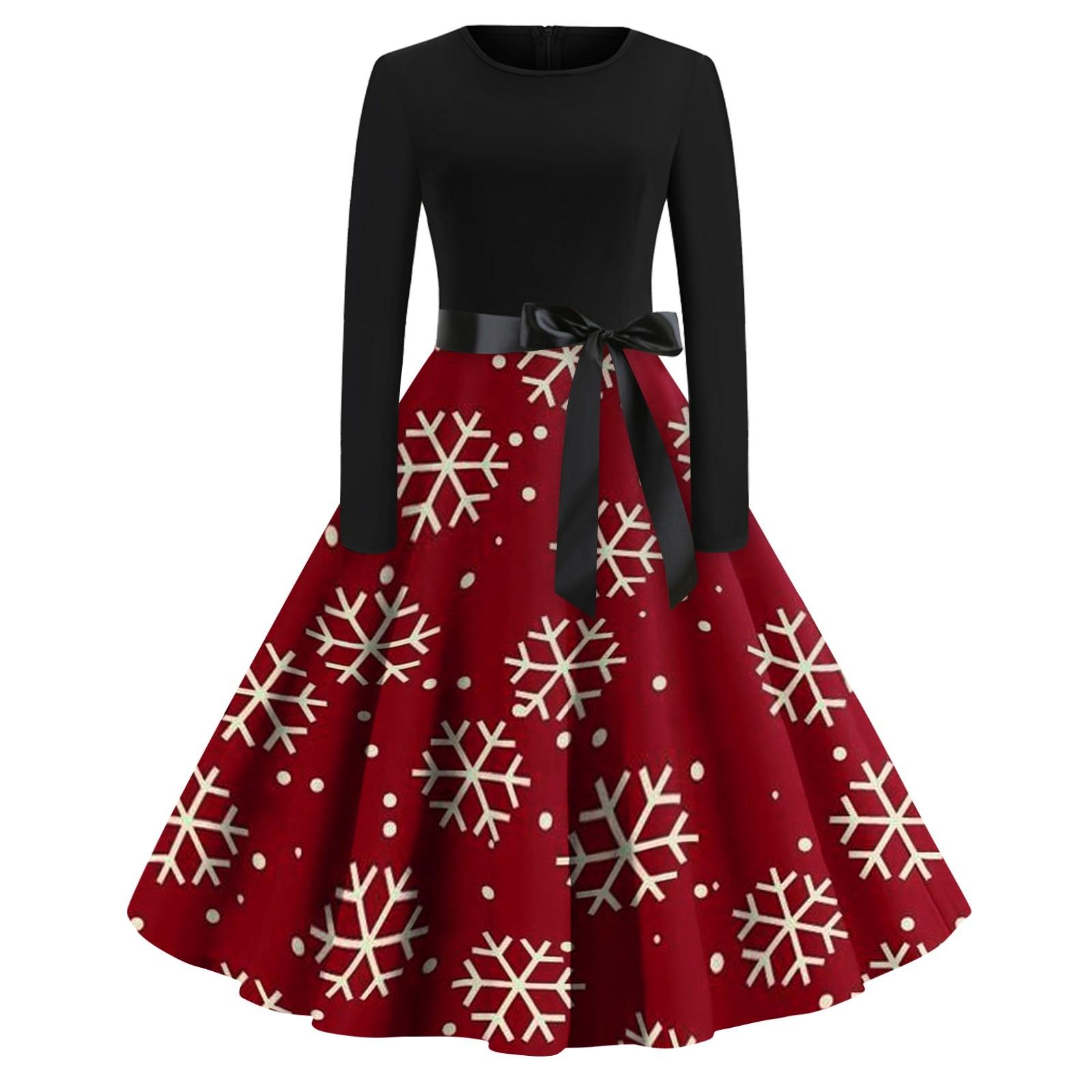 

Женское повседневное модное длинное платье с круглым вырезом и длинным рукавом с рождественским принтом L красный