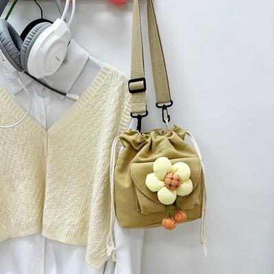 Personalized Design Flower Drawstring Messenger Bag Women 2025 Foreign Style Canvas High Value Shoulder Bag Small Fresh Bucket Bag