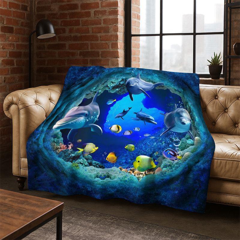 3D Illusion Underwater World Marine Life Shark Dolphin Cartoon Flannel Blanket Throw Blanket for Bedroom Living Room Bed Travel