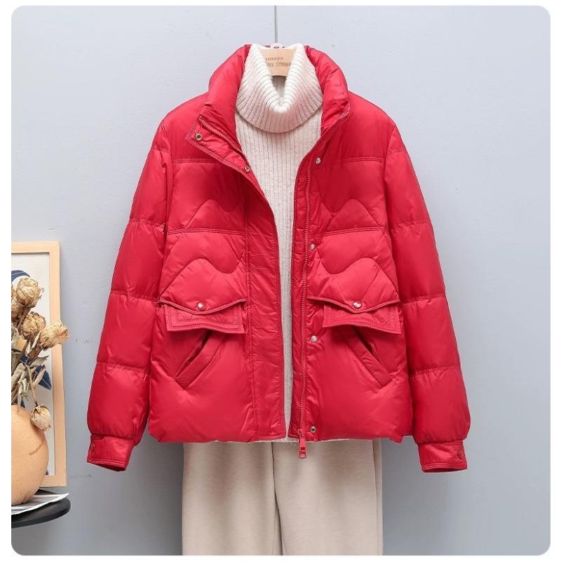 

Короткий пуховик женский тонкий и универсальный осенне-зимний легкий и модный со стойкой воротником теплый пуховик M красный