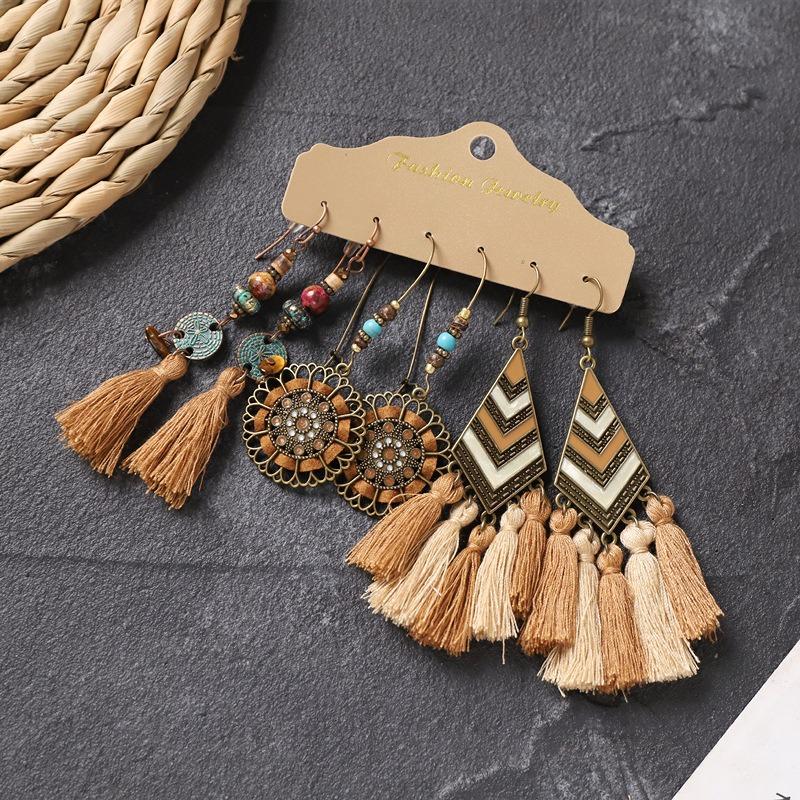 Long fringed earrings Bohemian wasteland exotic wind earrings retro vacation style suit earrings women