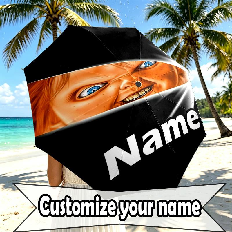 Custom Name Personalized Horror Movie Print Umbrella, Auto Open Close, 8‑Rib Sturdy Frame, Commute Camping Hiking Use, Birthday Gift