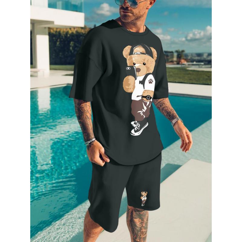 Pánské 2dílné tričko s 3D kresleným potiskem králíka, kraťasy, letní ležérní každodenní top s krátkým rukávem, venkovní sportovní kraťasy