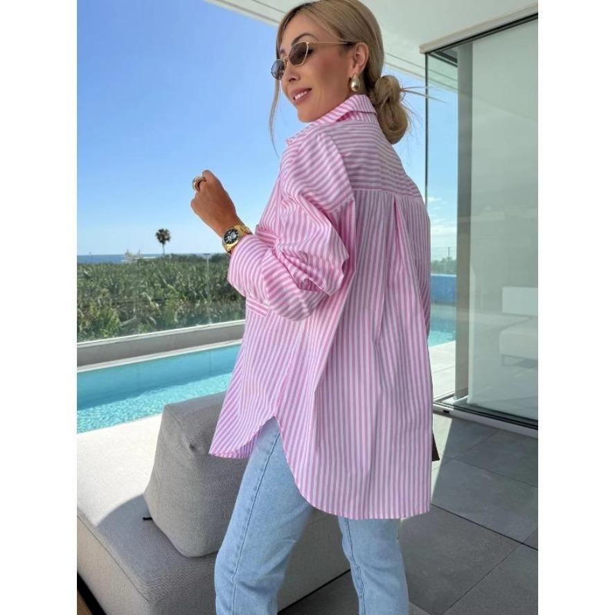 YYFS Women's Fashion Casual Spring Fall Stripe Print Long Sleeve POLO Neck Blouses & Shirts