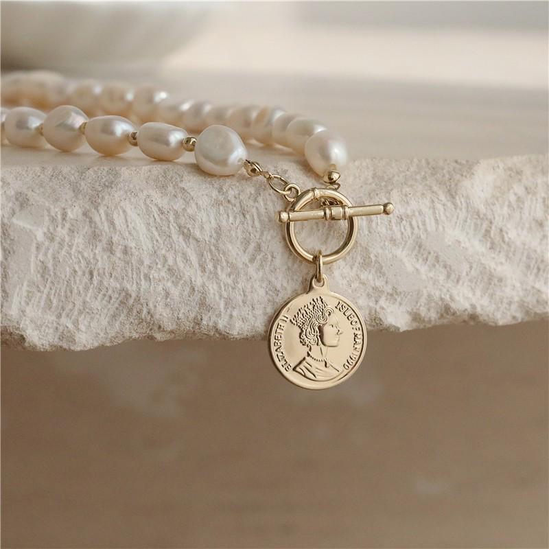 Baroque Freshwater Pearl Coin Choker with Gold Pendant - Women's OT Clasp Necklace Gift