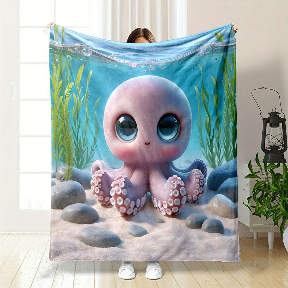 Cute Pink Octopus in Ocean Scene print blanket soft and cozy perfect for the living room bed sofa or a nap,gift