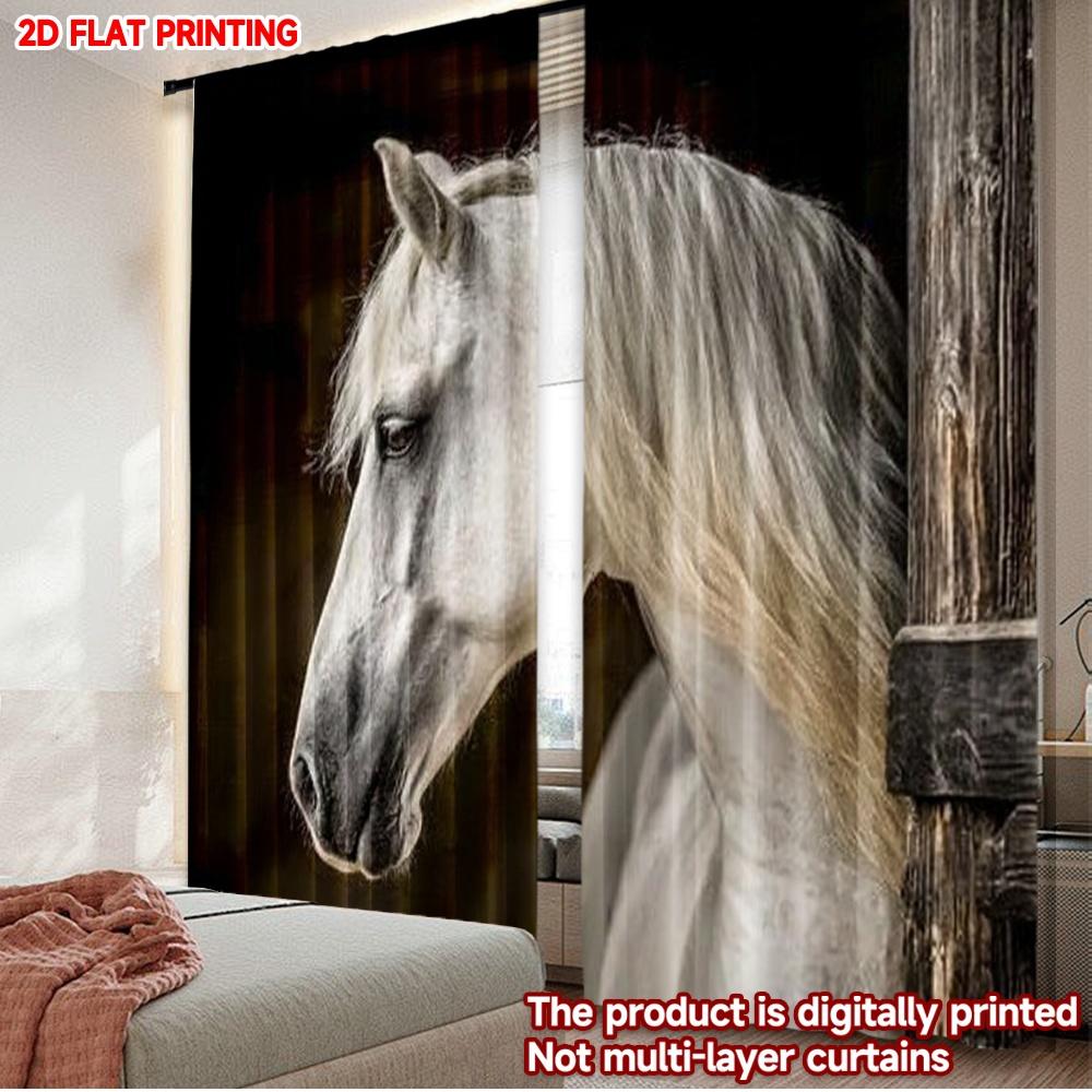 

Set Of 2 White Horse Portrait Curtains Realistic Animal Pattern Black Background Living Room Bedroom Decor Modern Made Polyester Great Window W100*H70(CM)-Hooks&1PCS