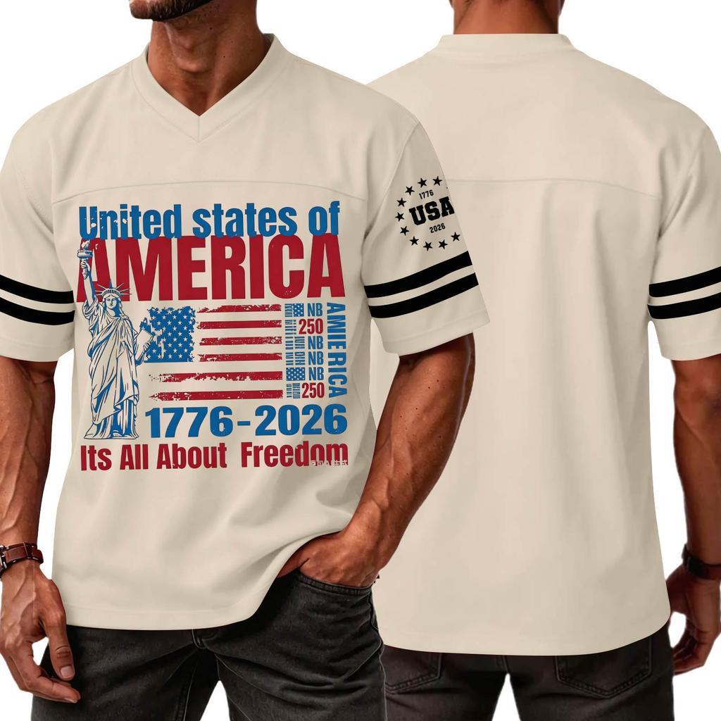 Mens V Neck Short Sleeve Sports T Shirt with States of America 1776 2026 Graphic and Statue of Print