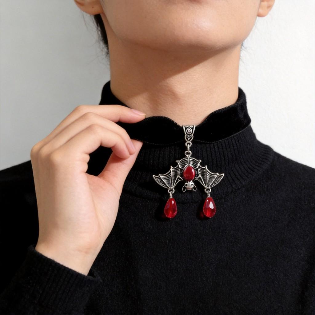 Gothic Bat Pendant Necklace With Red Crystal For Punk Style And Party Wear