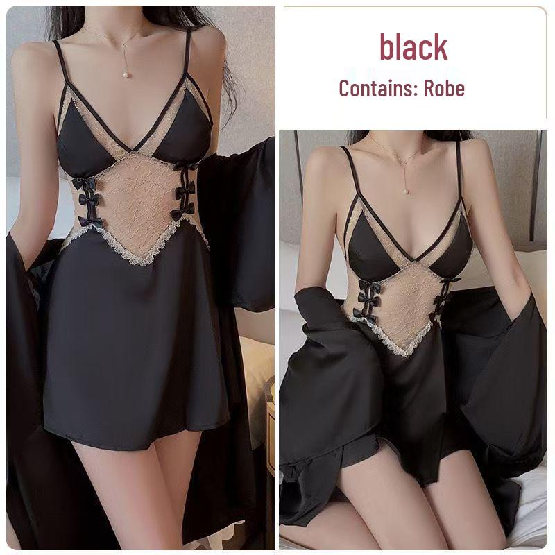 Women's Lace Bow Pajama Set - Camisole & Nightgown with Sweet See-Through Design