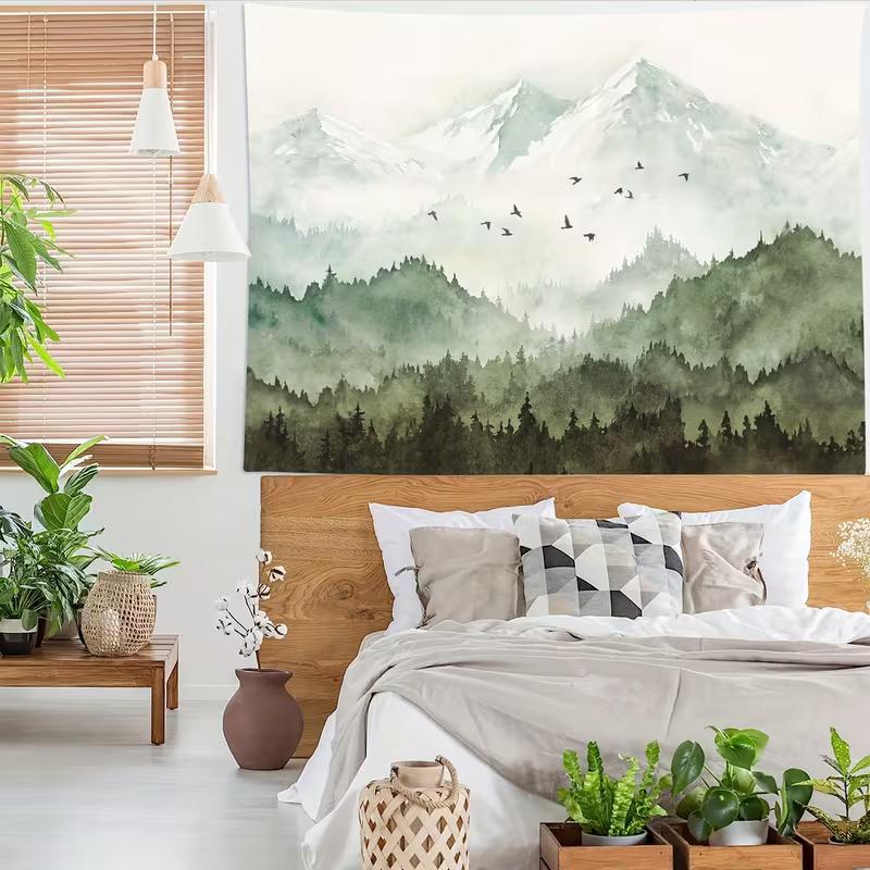 2D Watercolor Mountain Forest Tapestry, Misty Nature Wall Hanging 47.2x31.5inch/120*80cm
