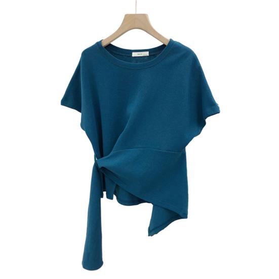 T-shirt à manches courtes et col rond pour femme, ourlet irrégulier, élastique, fin, couleur unie, pull ample, streetwear, été
