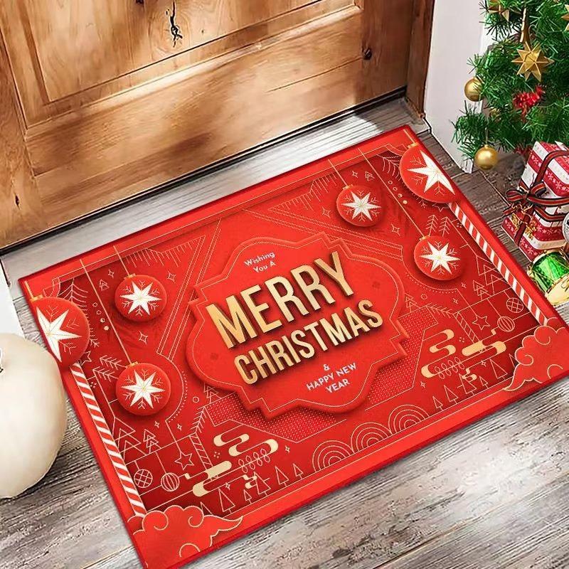 Christmas Themed Flannel Doormats Festive Santa Claus Poinsettia Prints Colorful Holiday Decor Soft Floor Mats for Home Entrance