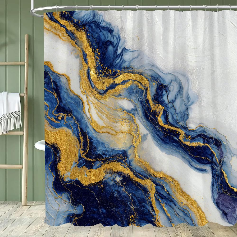 Blue Gold Textured Marble Shower Curtain Black White Natural Art Pattern Polyester Fabric Washable Shower Curtain Bathroom Decor
