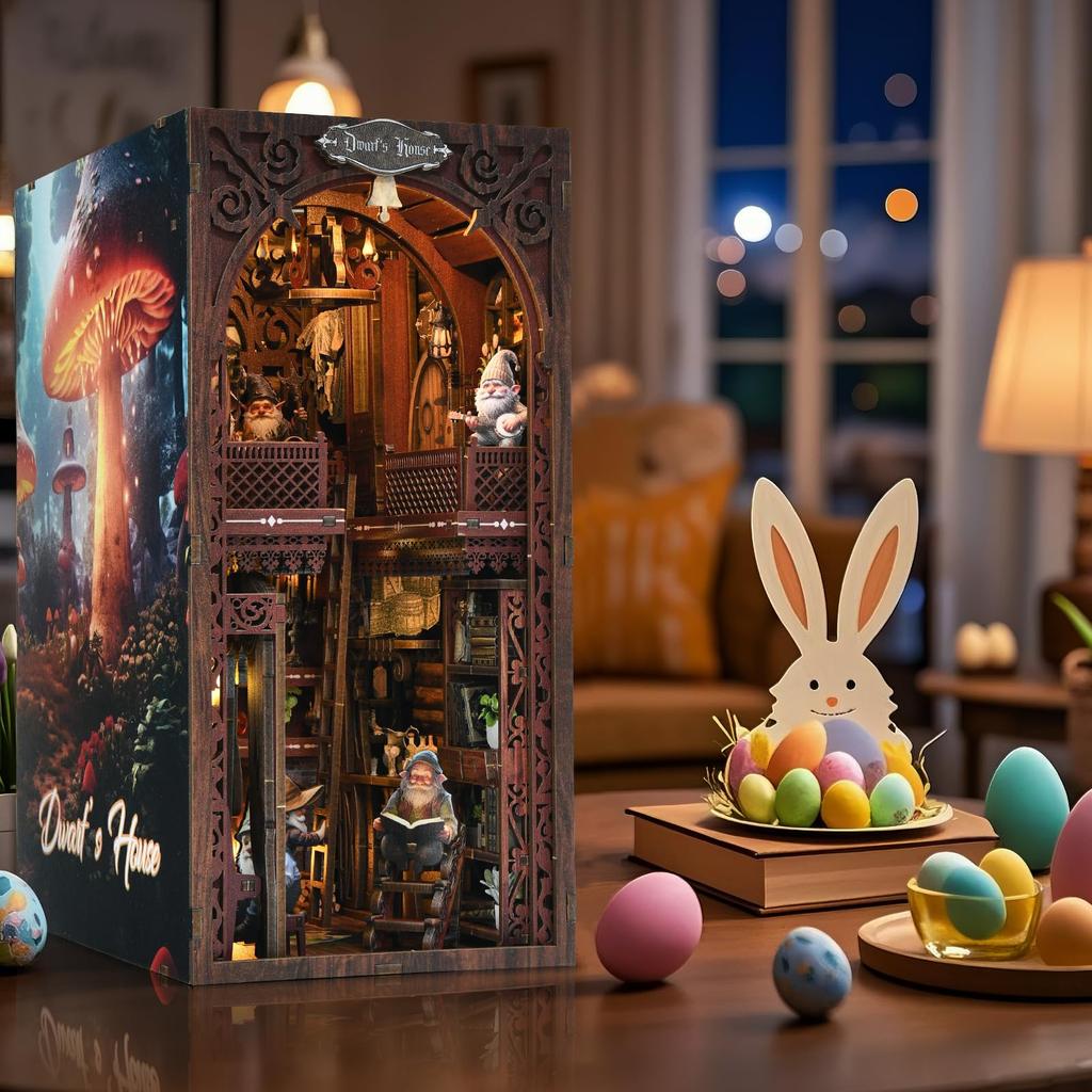 Buchstützen-Set - DIY 3D Holzpuzzle Miniatur Puppenhaus Bücherregal mit Buchstützen und berührungsaktivierten LED-Leuchten "Fröhliches Zwergenhaus"