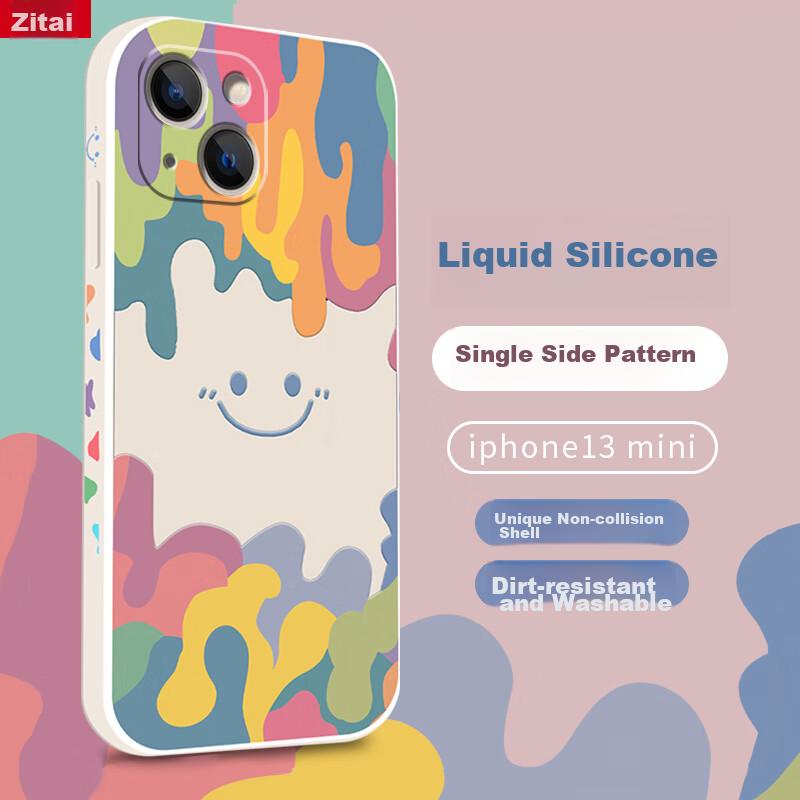 Liquid Silicone Case for IPhone 13 Mini, Protective Cover with Painted Creative Design, Shockproof Soft Smiley FaceWhite