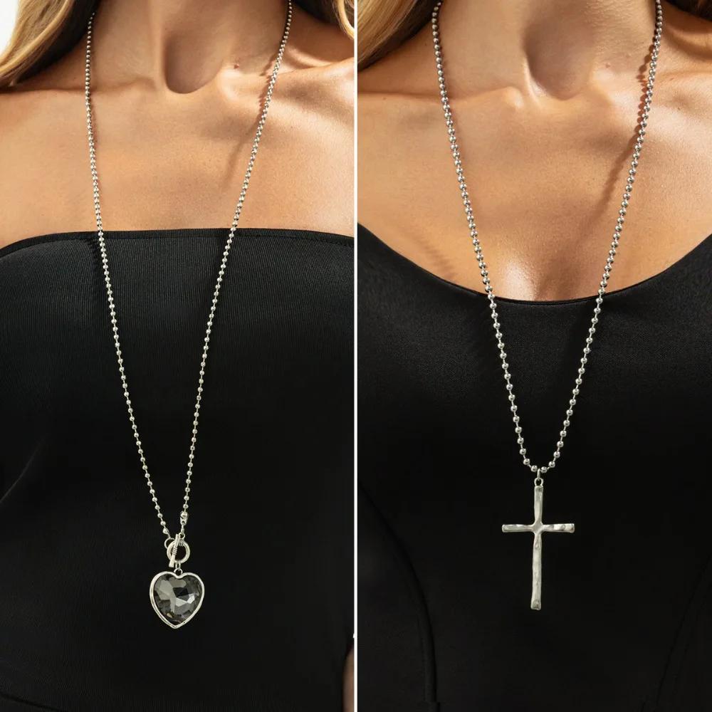 Original Design Liquid Metal Cross Acrylic Crystal Heart Pendant Long Necklace for Women Trendy Jewelry Two Ways To Wear It