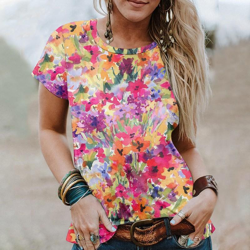 Summer Digital Print Pullover Short Sleeved Flower Loose Round Neck Women's T-shirt