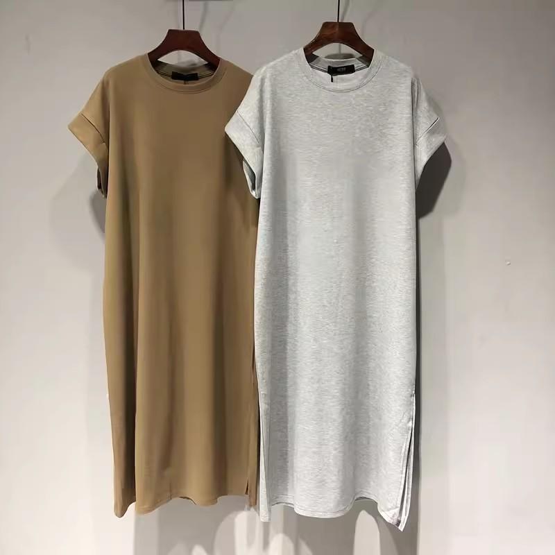 Women's Cotton T-shirt Dress O Neck Short Sleeve Solid Color Loose Midi Casual Dress
