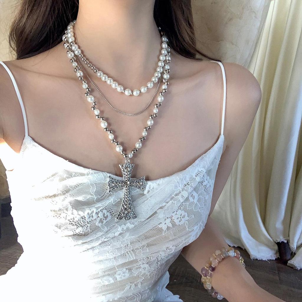 Französische Strass Kreuz Mehrschichtige Anhänger Halskette – Süßer, Cooler, Würziger Stil Schlüsselbeinkette, Einzigartiges Nischen-Design für Frauen