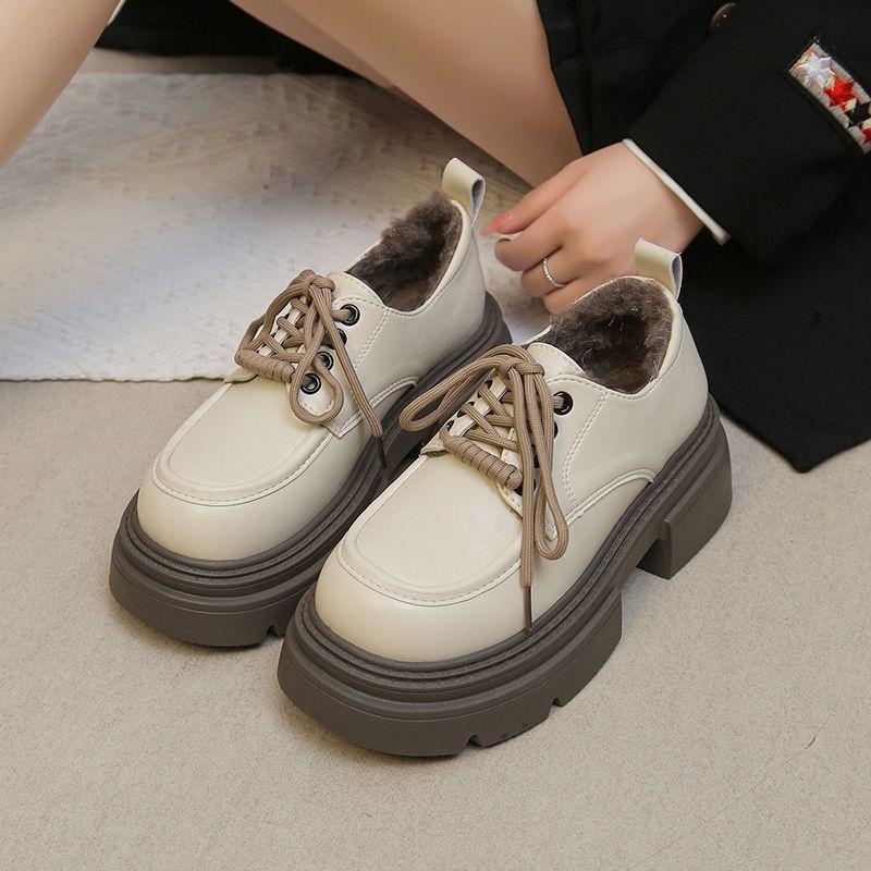 Lace-up British style small leather shoes for women's 2025 autumn and winter new retro velvet thick-soled heightening love single shoes