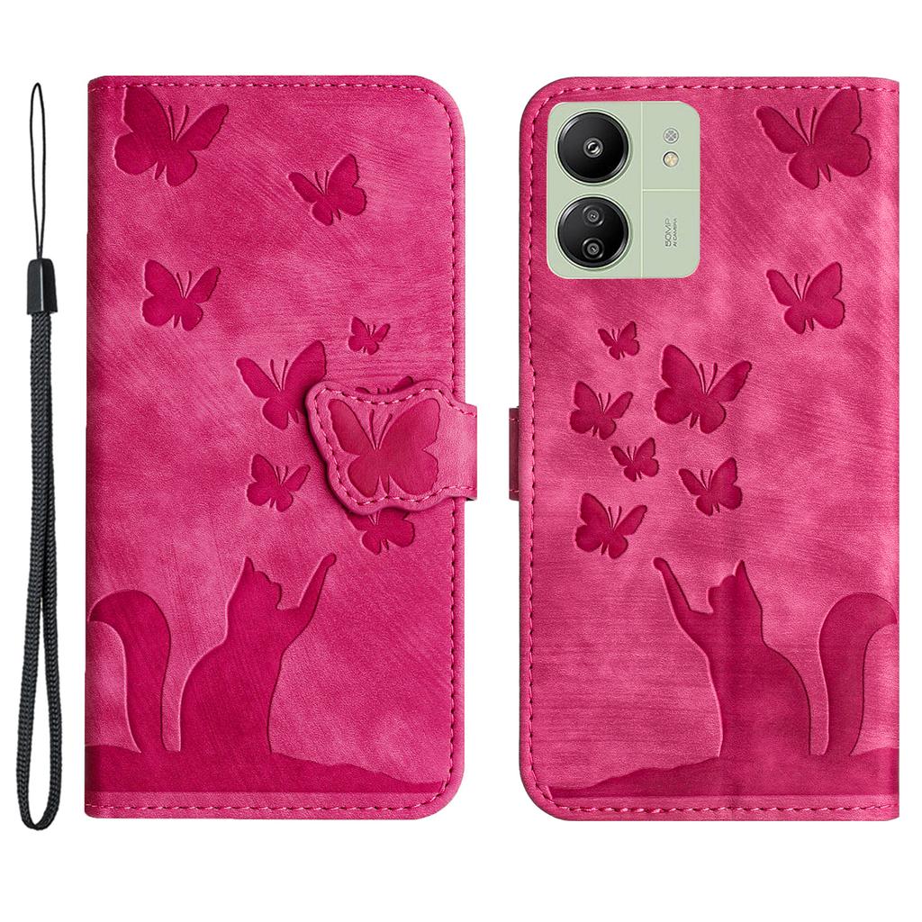For Xiaomi Redmi 13C 4G/5G/13R 5G/Poco M6 5G/Poco C65 4G Case Cat Butterfly Imprinted Leather Magnetic Clasp Phone Cover