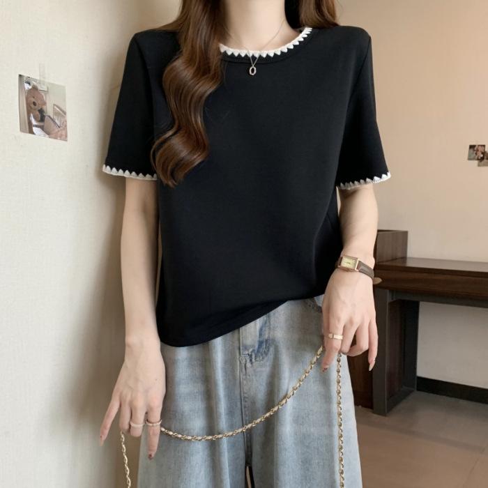 

Женский летний короткий рукав жаккардового переплетения O-образный вырез свободный пуловер футболка блузка топ XL чёрный