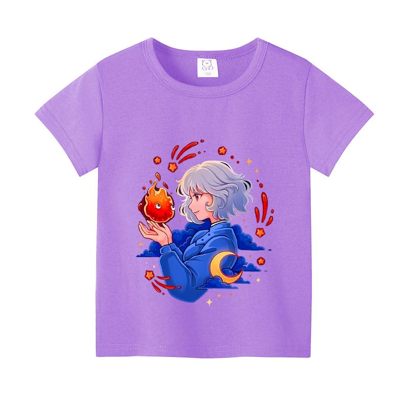 Movie Howl's Moving Castle Kids T Shirt Howell Jenkins Calcifer Short Sleeve Tee for Boy Girl Cartoon Anime Tops Summer Clothes
