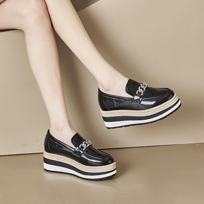 

Лоферы, новая весенняя корейская версия, туфли для маффинов на толстой подошве, туфли на танкетке с цепочкой, кожаные туфли без шнуровки в британском стиле